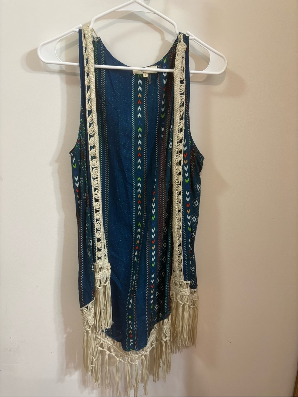 Entro Navy Aztec-Pattern Fringe Vest with Cream Tassels